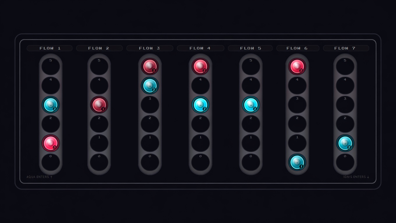 AQUAIGNIS gameplay board: seven vertical conduits with glowing AQUA (cyan) and IGNIS (red) pieces at various charges positioned for a real match in progress